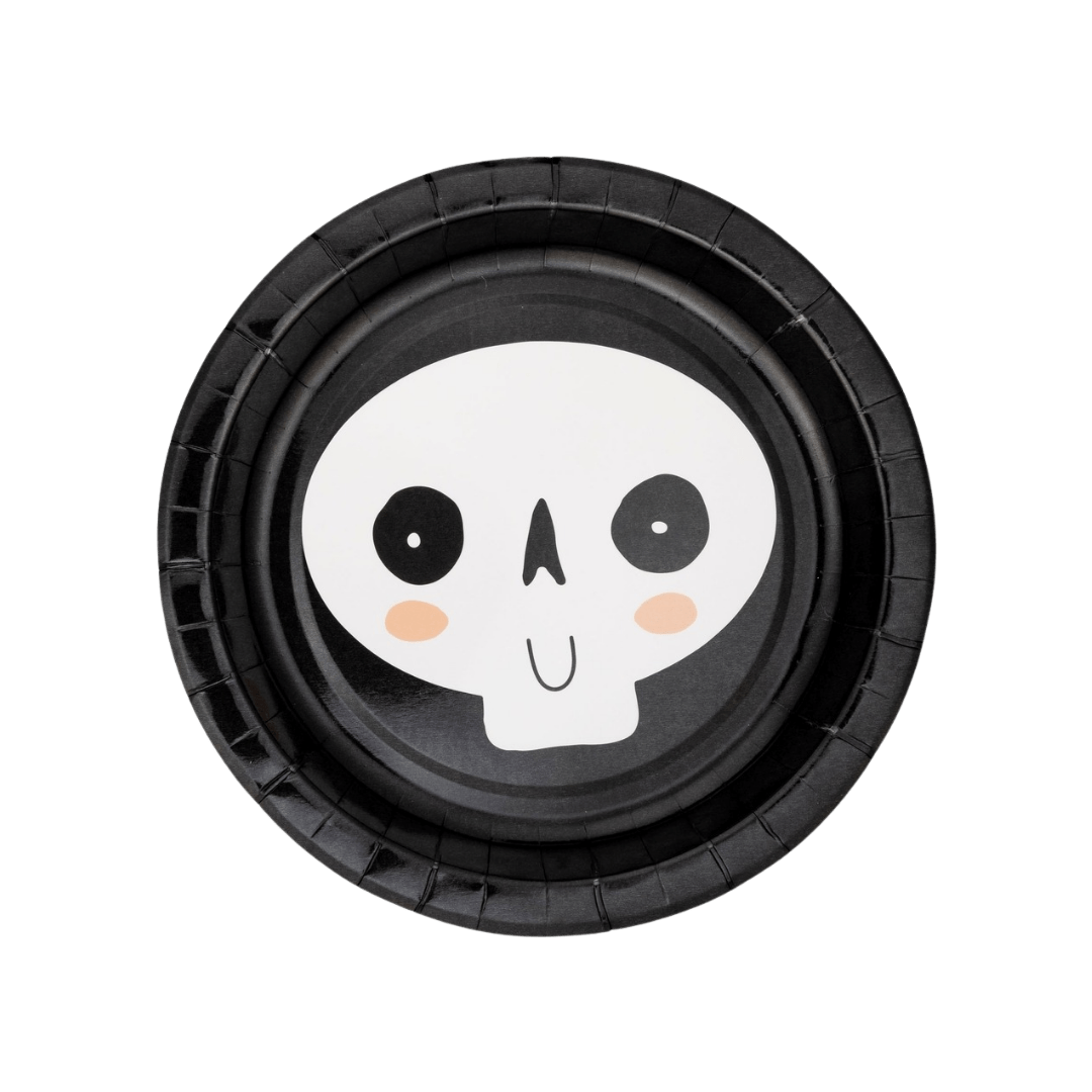 Black Halloween plate with cute skull face for spooky party theme from Parte Haus party supply store in Bethesda MD