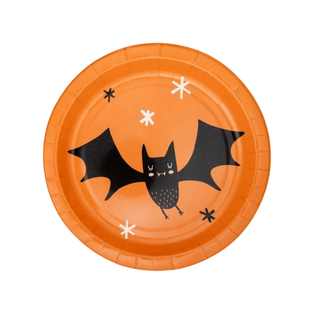 Orange Halloween paper plate with bat and star design from Parte Haus party supply store in Bethesda Maryland