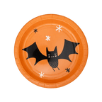 Orange Halloween paper plate with bat and star design from Parte Haus party supply store in Bethesda Maryland
