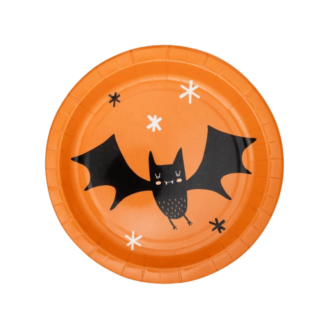 Orange Halloween paper plate with bat and star design from Parte Haus party supply store in Bethesda Maryland