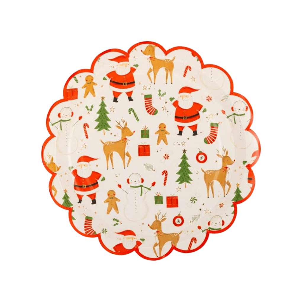 Red and white scalloped Christmas plate with Santa reindeer and holiday icons Christmas from Parte Haus party supply store in Bethesda Maryland