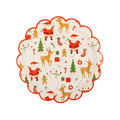 Red and white scalloped Christmas plate with Santa reindeer and holiday icons Christmas from Parte Haus party supply store in Bethesda Maryland