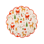 Red and white scalloped Christmas plate with Santa reindeer and holiday icons Christmas from Parte Haus party supply store in Bethesda Maryland