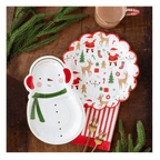 White snowman and festive Christmas paper plates with holiday designs from Parte Haus party supply store in Bethesda MD