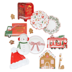 Christmas themed paper plates and cutlery with Santa snowman train and mailbox designs from Parte Haus party supply store in Bethesda MD