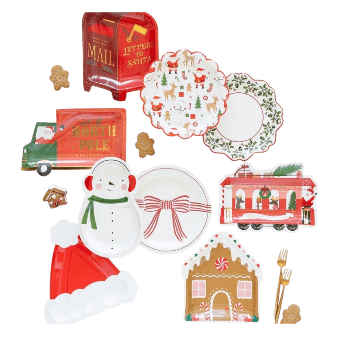 Christmas themed paper plates and cutlery with Santa snowman train and mailbox designs from Parte Haus party supply store in Bethesda MD