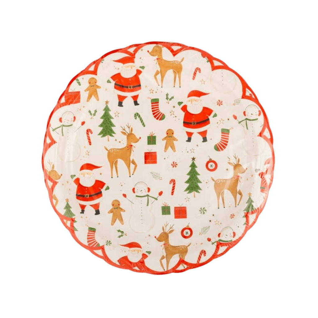 Red and white Christmas plate with Santa and reindeer from Parte Haus party supply store in Bethesda Maryland