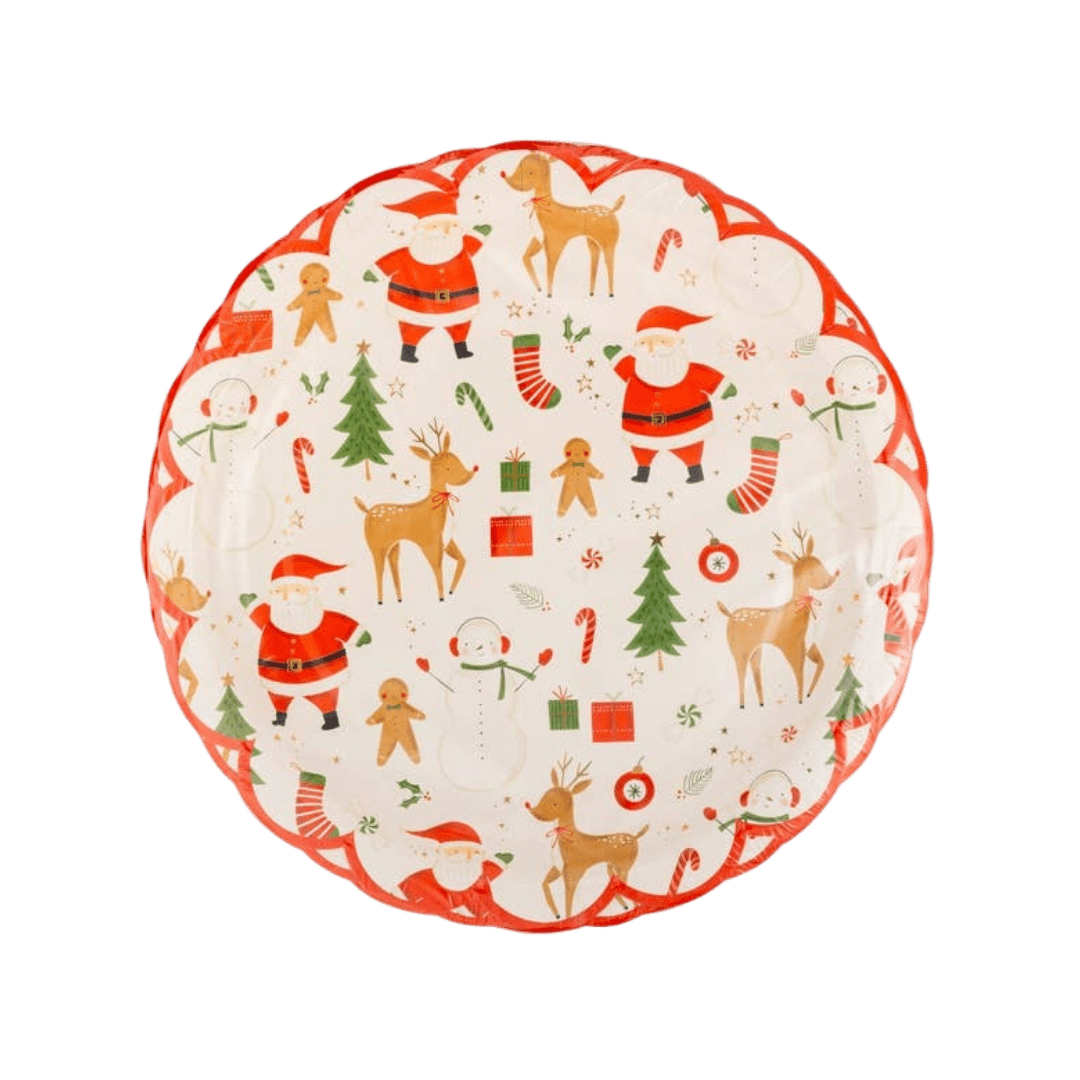 Red and white Christmas plate with Santa and reindeer from Parte Haus party supply store in Bethesda Maryland