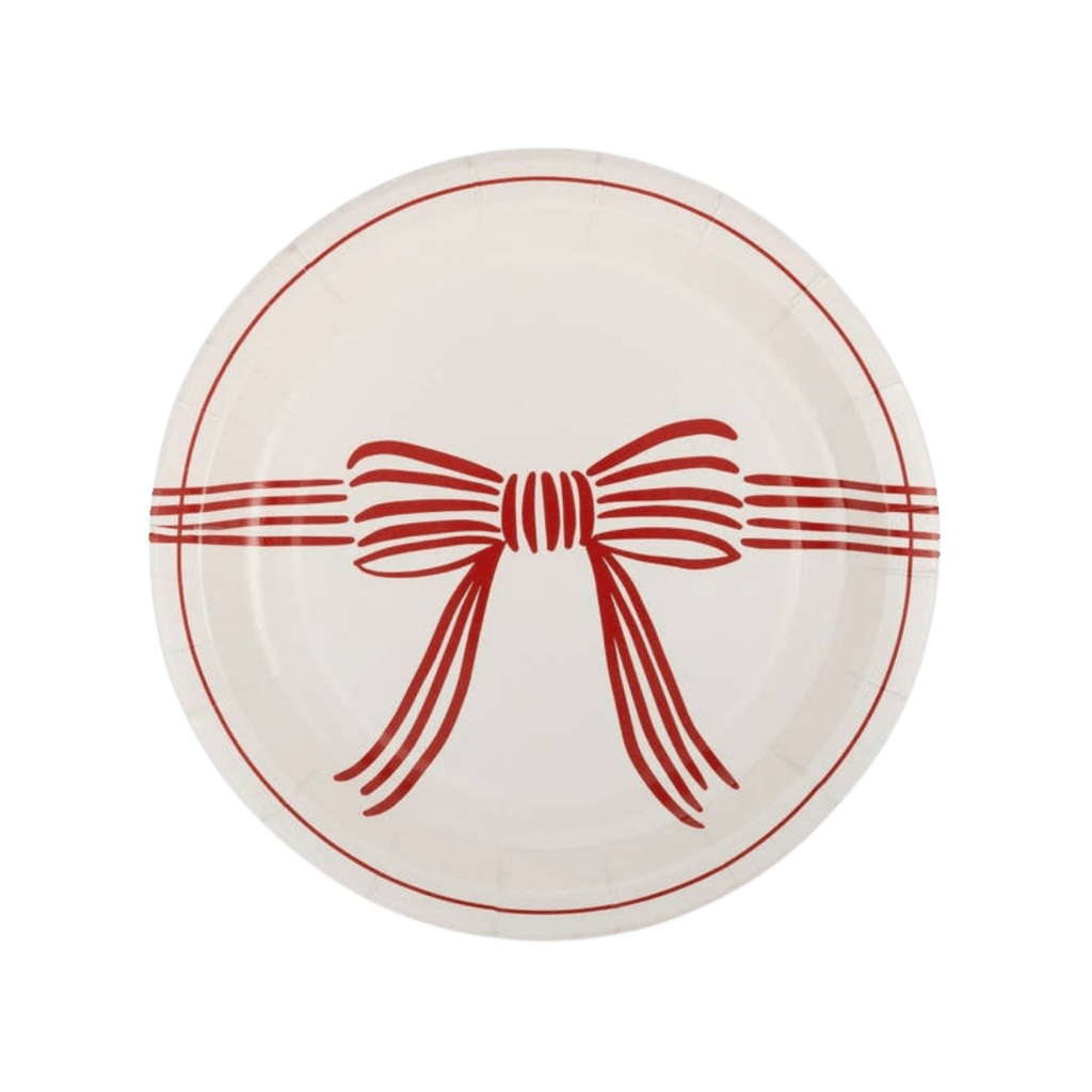 Red and white paper plate with bow design for celebration from Parte Haus party supply store in Bethesda Maryland