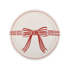 Red and white paper plate with bow design for celebration from Parte Haus party supply store in Bethesda Maryland