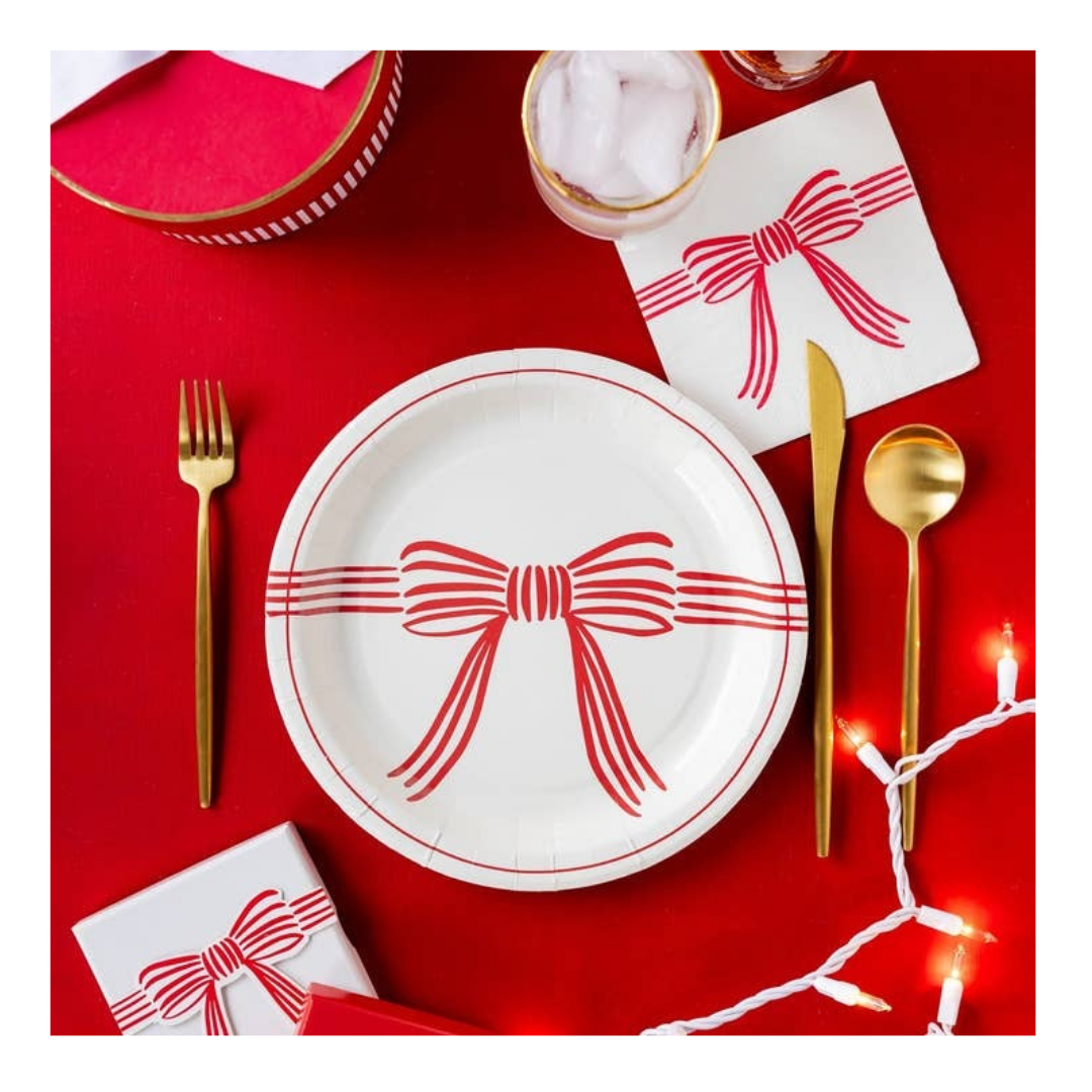 Cream with Red Bow Large Plate