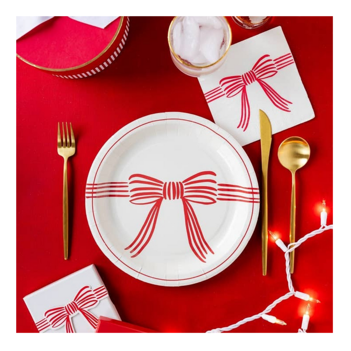 Cream with Red Bow Large Plate