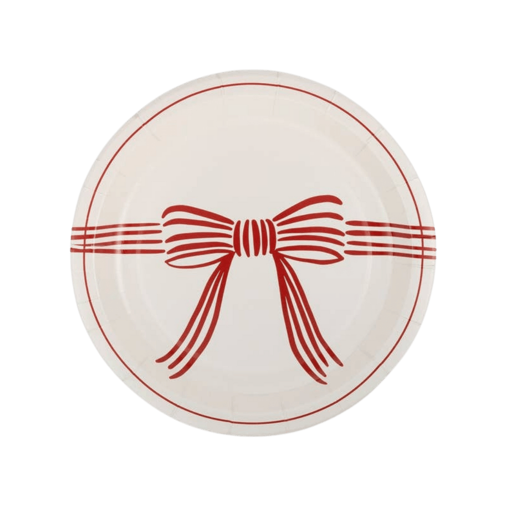 Red and white paper plate with bow design festive celebration from Parte Haus party supply store in Bethesda MD