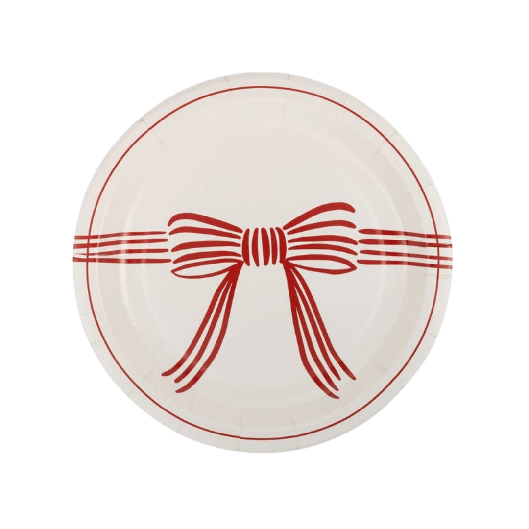 Red and white paper plate with bow design festive celebration from Parte Haus party supply store in Bethesda MD