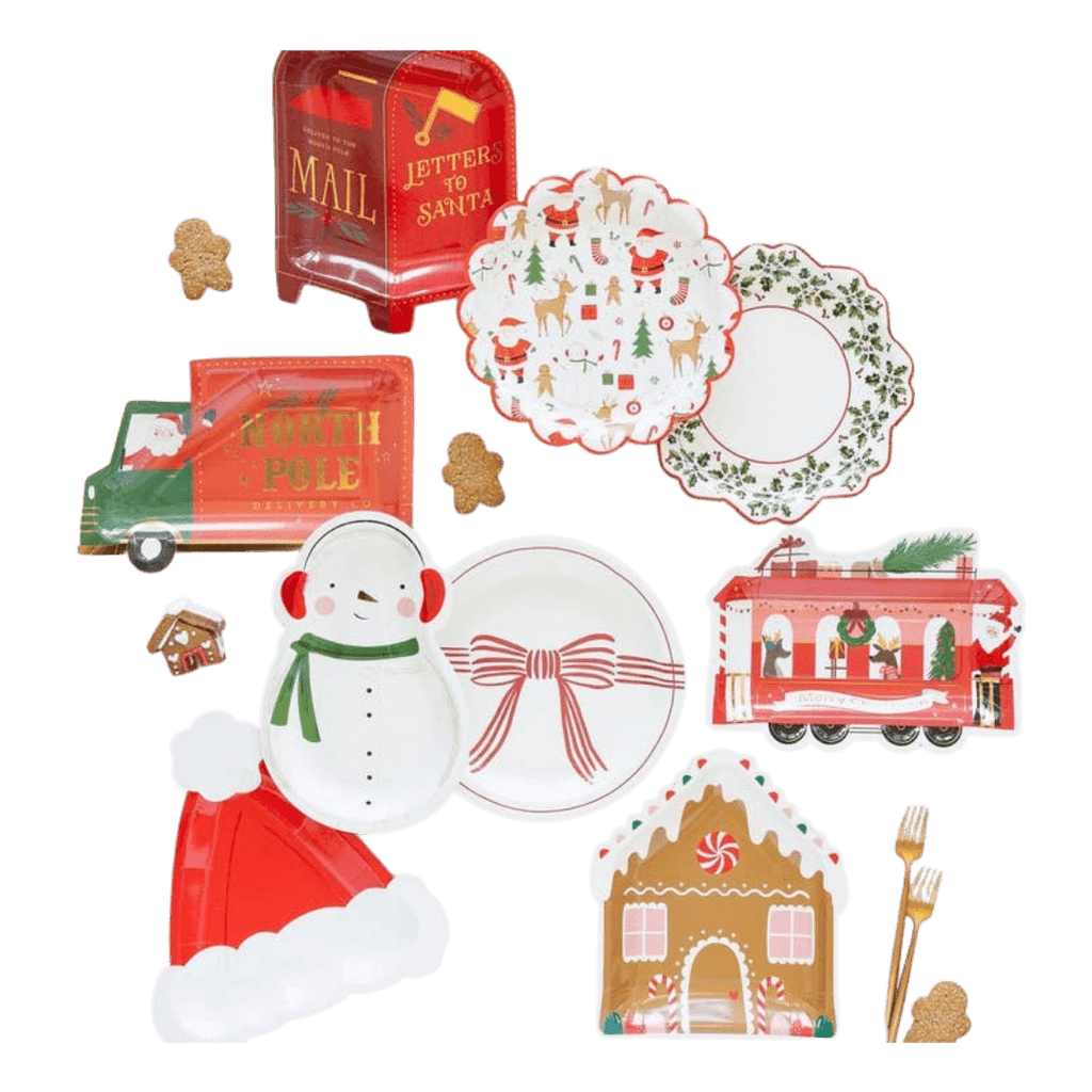 Red and white Christmas themed plates and napkins set for holiday celebration from Parte Haus party supply store in Bethesda MD