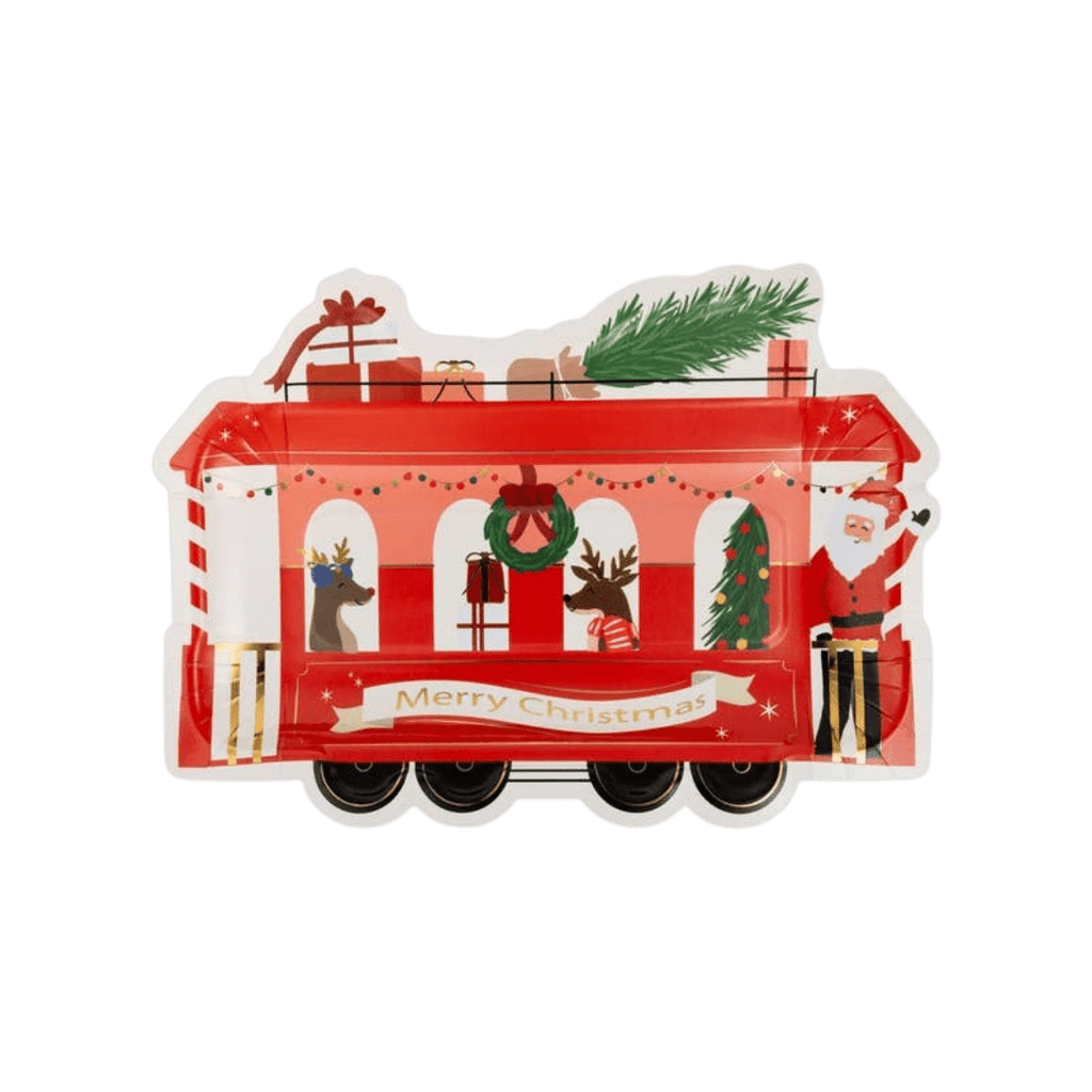 Red Christmas train shaped paper plate with Santa and reindeer holiday theme from Parte Haus party supply store in Bethesda MD.