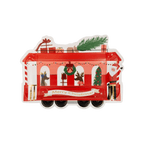 Red Christmas train shaped paper plate with Santa and reindeer holiday theme from Parte Haus party supply store in Bethesda MD.