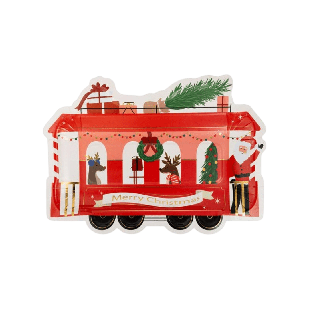Red Christmas train shaped paper plate with Santa and reindeer holiday theme from Parte Haus party supply store in Bethesda MD.