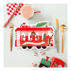 Red Christmas train shaped paper plate with festive holiday design from Parte Haus party supply store in Bethesda Maryland