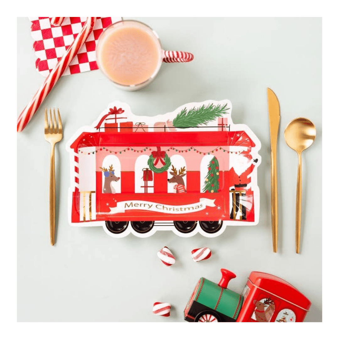 Red Christmas train shaped paper plate with festive holiday design from Parte Haus party supply store in Bethesda Maryland