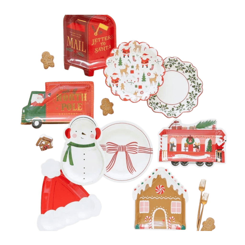Red and white Christmas themed plate set with festive designs for holiday from Parte Haus party supply store in Bethesda Maryland