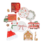 Red and white Christmas themed plate set with festive designs for holiday from Parte Haus party supply store in Bethesda Maryland