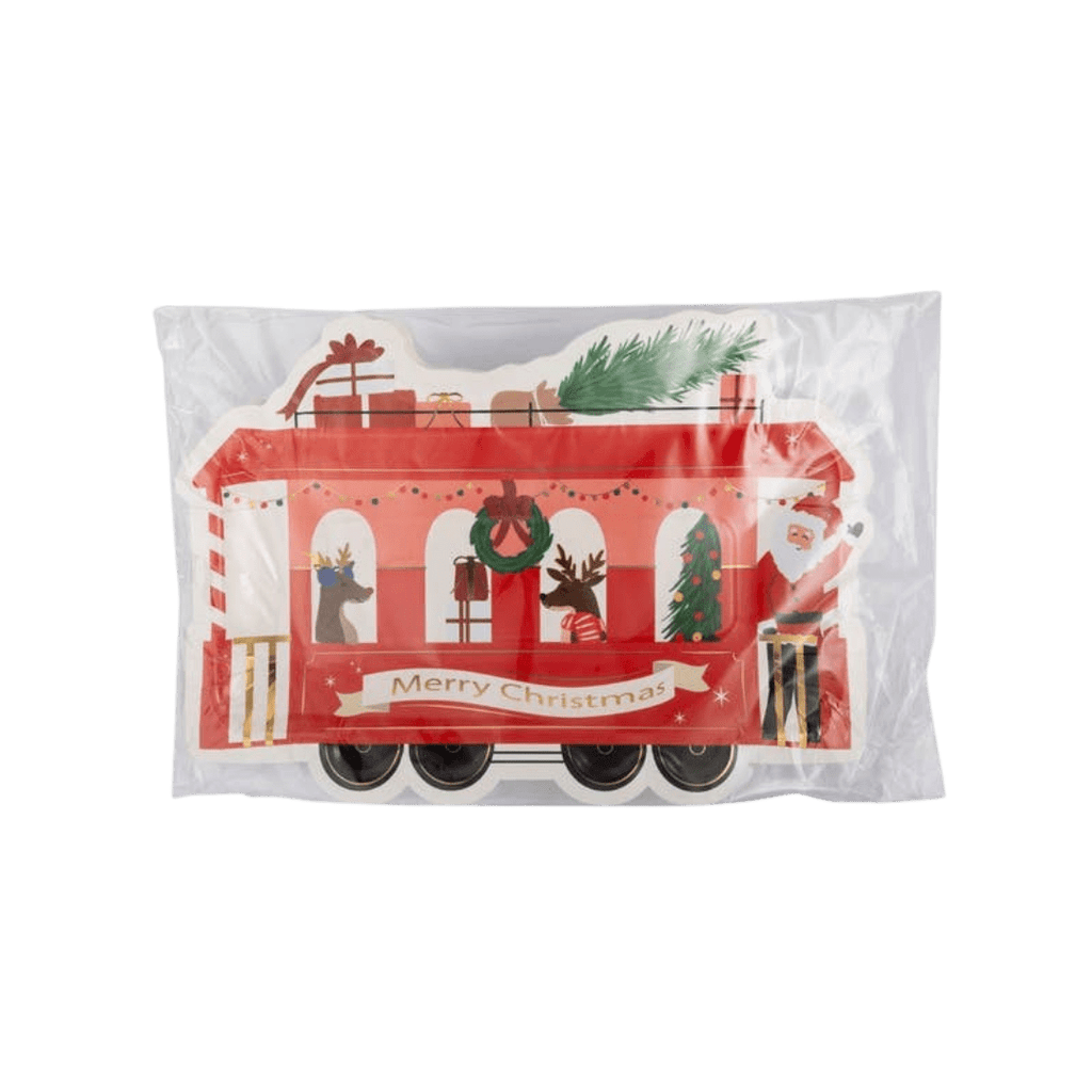 Red Christmas trolley shaped plate with Santa and gifts for holiday from Parte Haus party supply store in Bethesda MD