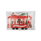 Red Christmas trolley shaped plate with Santa and gifts for holiday from Parte Haus party supply store in Bethesda MD