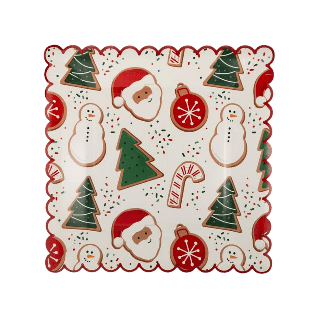 Red and green Christmas dessert paper plate with Santa trees snowmen and ornaments from Parte Haus party supply store in Bethesda MD