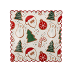 Red and green Christmas dessert paper plate with Santa trees snowmen and ornaments from Parte Haus party supply store in Bethesda MD