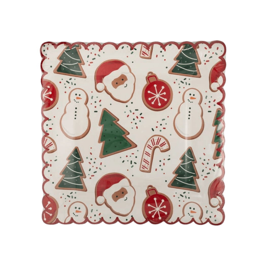 Red and green Christmas square plate with Santa snowman tree and ornament cookie design from Parte Haus party supply store in Bethesda MD