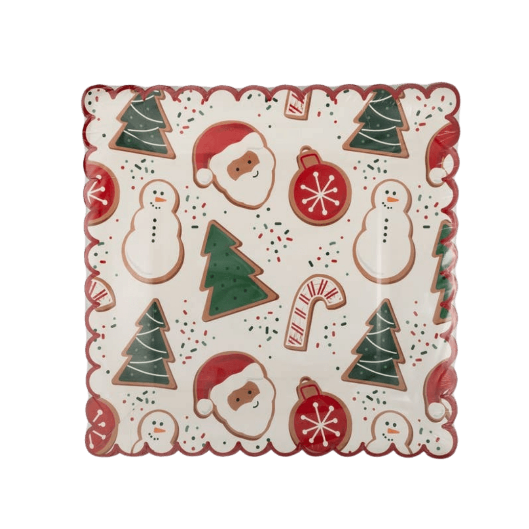 Red and green Christmas square plate with Santa snowman tree and ornament cookie design from Parte Haus party supply store in Bethesda MD