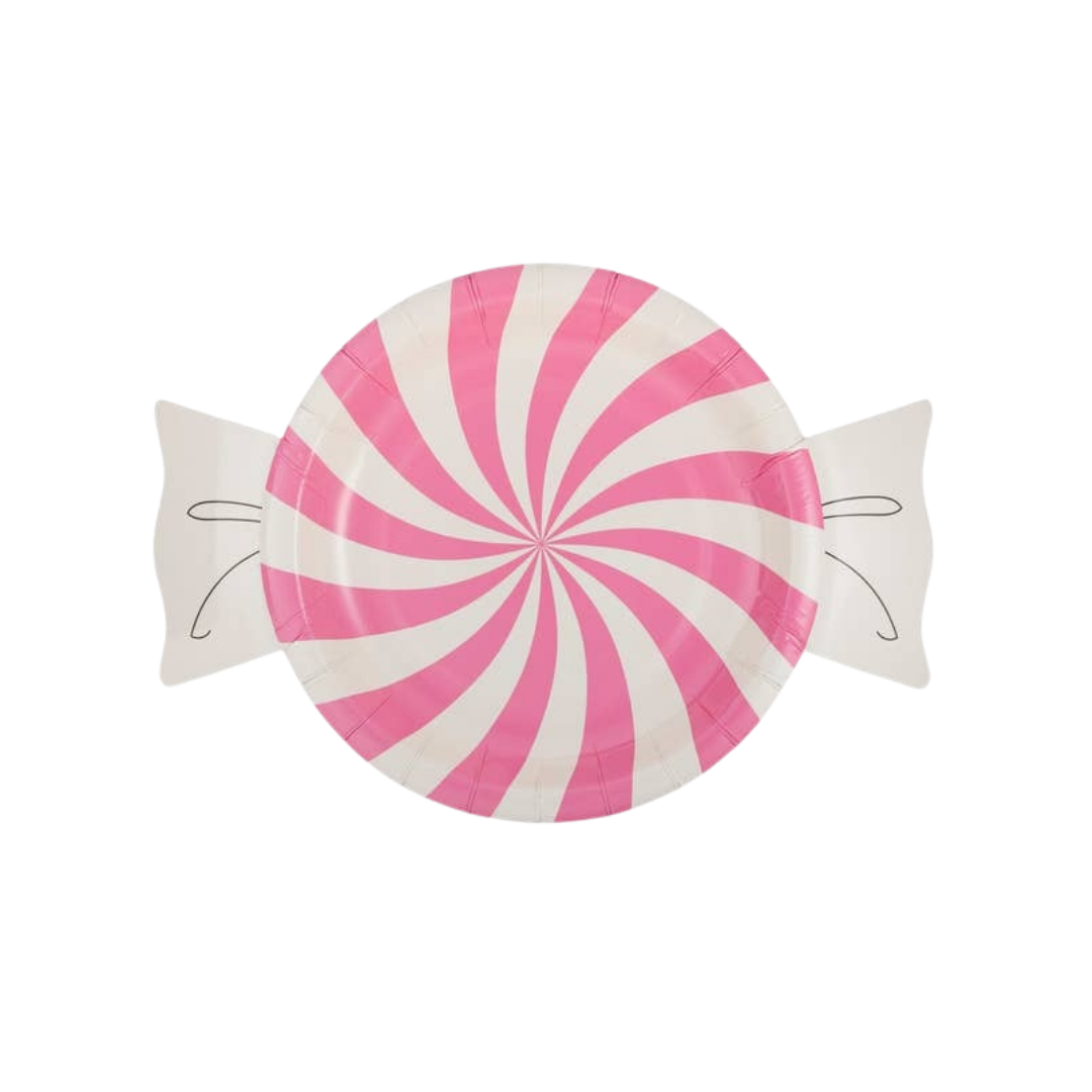 Pink and white candy shaped paper plate with swirls birthday theme from Parte Haus party supply store in Bethesda MD