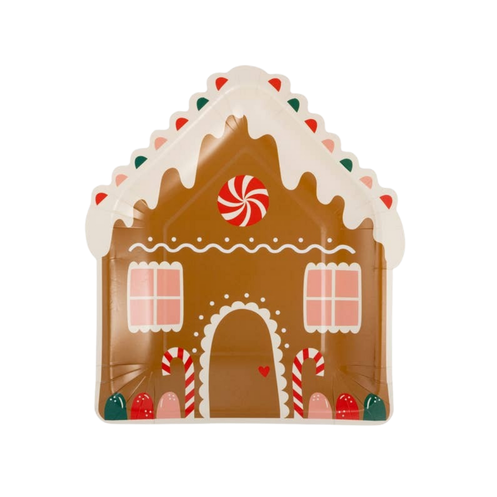 Brown gingerbread house plate with candy cane design Christmas from Parte Haus party supply store in Bethesda MD