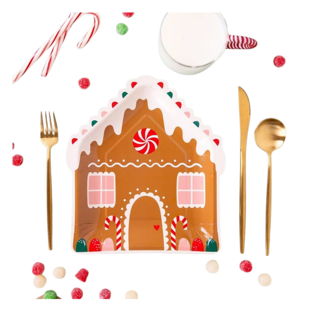 Brown gingerbread house plate with candy design for Christmas from Parte Haus party supply store in Bethesda Maryland