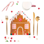 Brown gingerbread house plate with candy design for Christmas from Parte Haus party supply store in Bethesda Maryland
