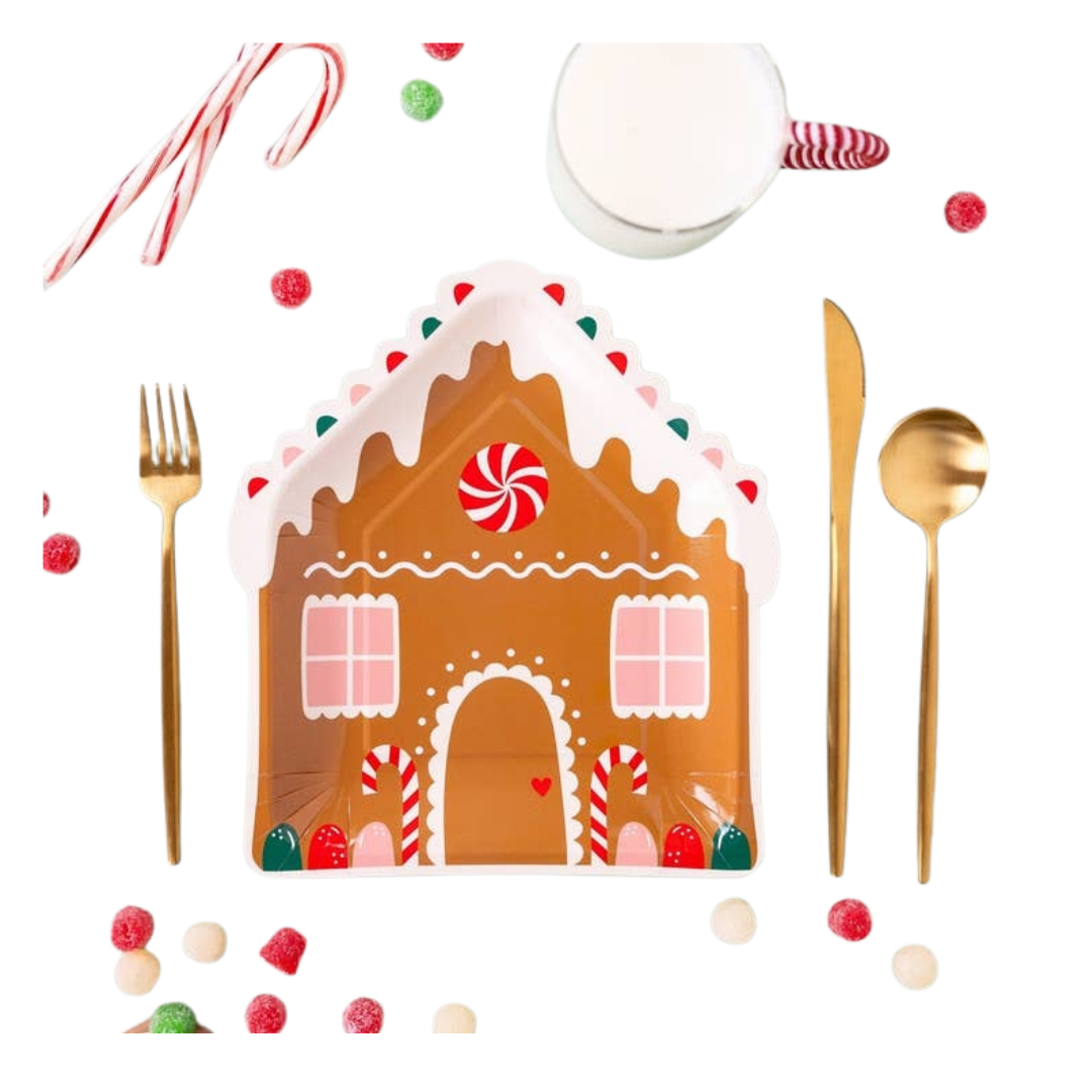 Brown gingerbread house plate with candy design for Christmas from Parte Haus party supply store in Bethesda Maryland