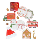 Multicolor Christmas themed plate set with snowman gingerbread house and train from Parte Haus party supply store in Bethesda Maryland