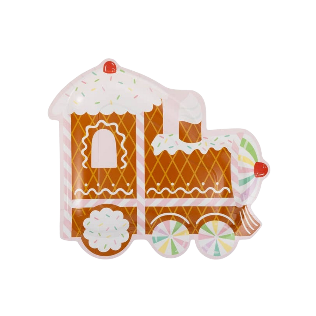 Brown gingerbread train shaped plate with white icing details Christmas theme from Parte Haus party supply store in Bethesda MD