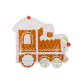 Brown gingerbread train shaped plate with white icing details Christmas theme from Parte Haus party supply store in Bethesda MD