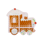 Brown gingerbread train shaped plate with white icing details Christmas theme from Parte Haus party supply store in Bethesda MD