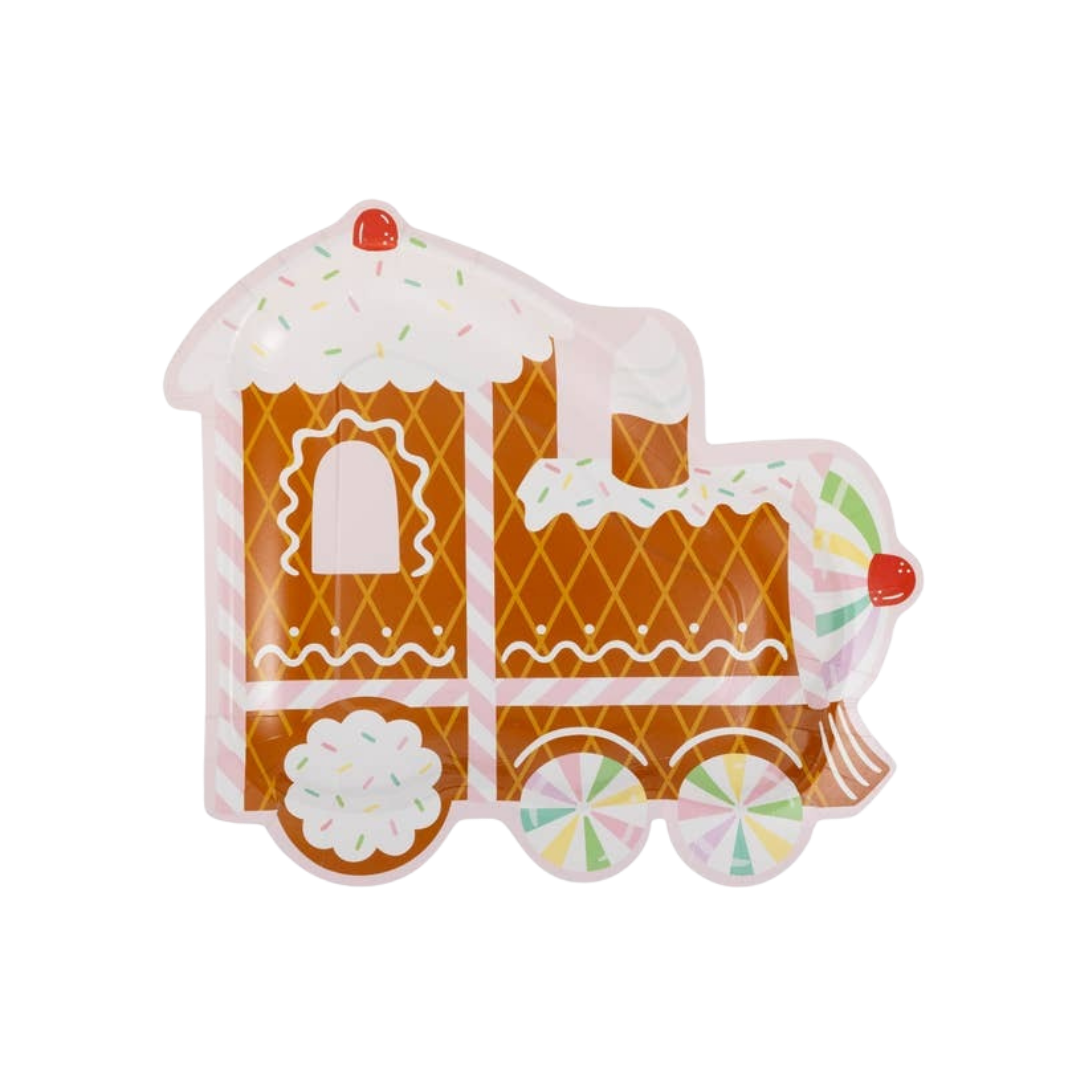 Brown gingerbread train shaped plate with white icing details Christmas theme from Parte Haus party supply store in Bethesda MD
