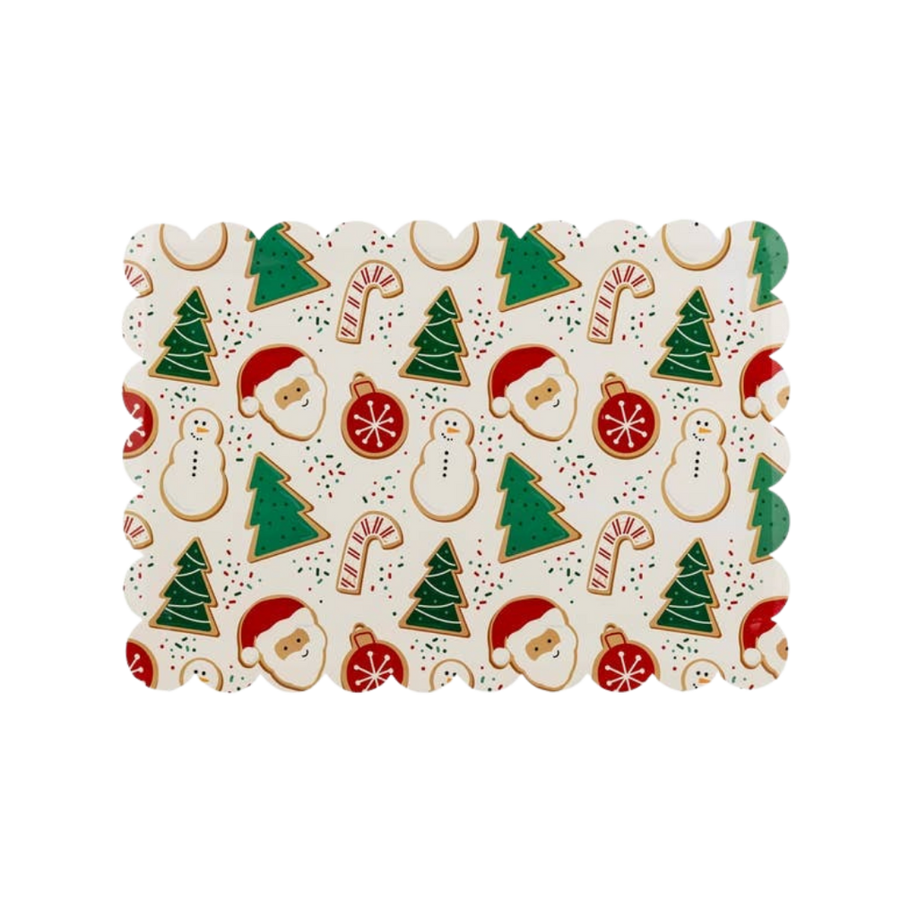 multicolor Christmas rectangular scalloped placemat with Santa tree and snowman pattern holiday from Parte Haus party supply store in Bethesda MD