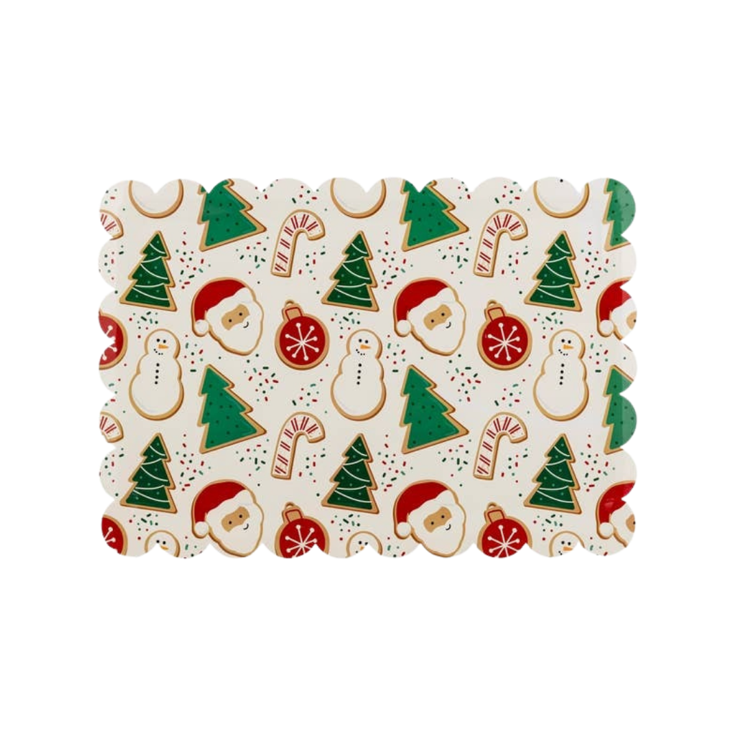 multicolor Christmas rectangular scalloped placemat with Santa tree and snowman pattern holiday from Parte Haus party supply store in Bethesda MD