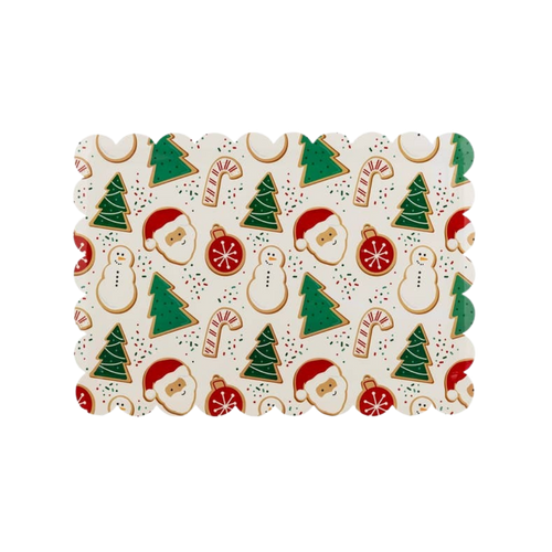 multicolor Christmas rectangular scalloped placemat with Santa tree and snowman pattern holiday from Parte Haus party supply store in Bethesda MD