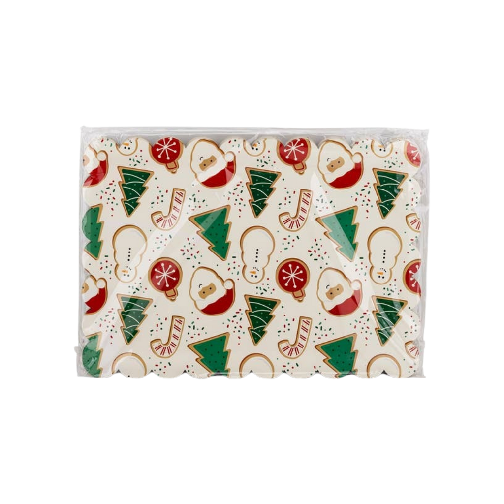 Christmas multicolor rectangular paper plate with Santa trees and ornaments for holiday from Parte Haus party supply store in Bethesda MD