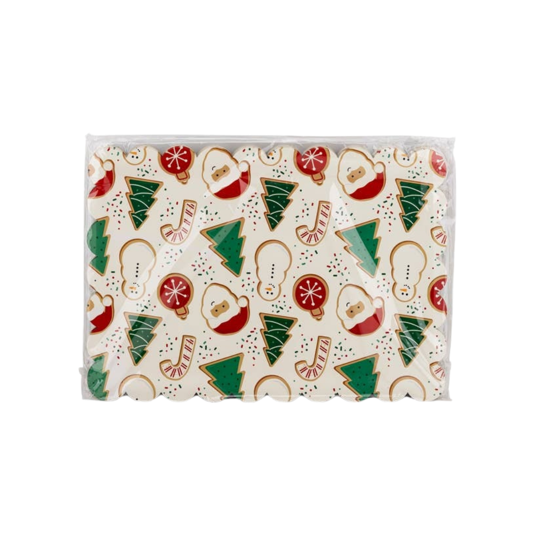 Christmas multicolor rectangular paper plate with Santa trees and ornaments for holiday from Parte Haus party supply store in Bethesda MD