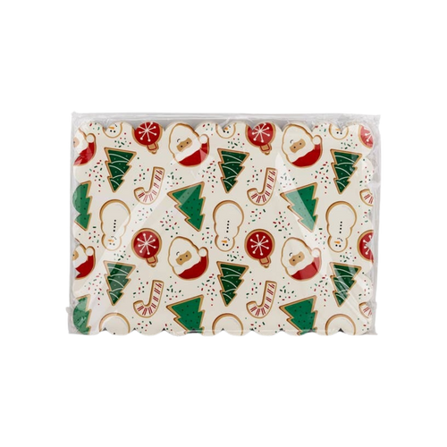 Christmas multicolor rectangular paper plate with Santa trees and ornaments for holiday from Parte Haus party supply store in Bethesda MD