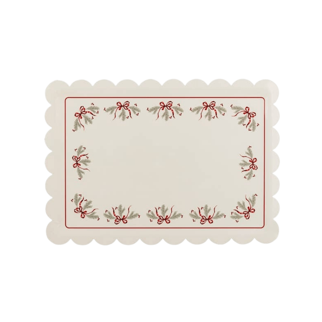 Ivory Christmas placemat with red bows and holly border from Parte Haus party supply store in Bethesda Maryland