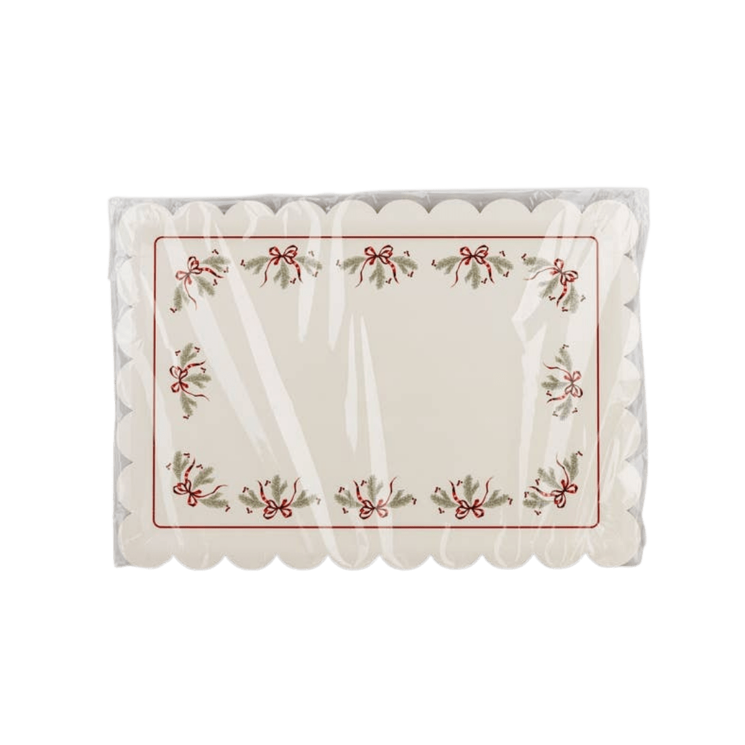 White rectangular scalloped edge holiday placemat with red bows Christmas theme from Parte Haus party supply store in Bethesda MD